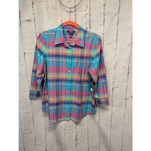 Chaps No Iron Button Up Shirt L Petite Madras Plaid Multicolor 3/4Sleeve‎ Cotton